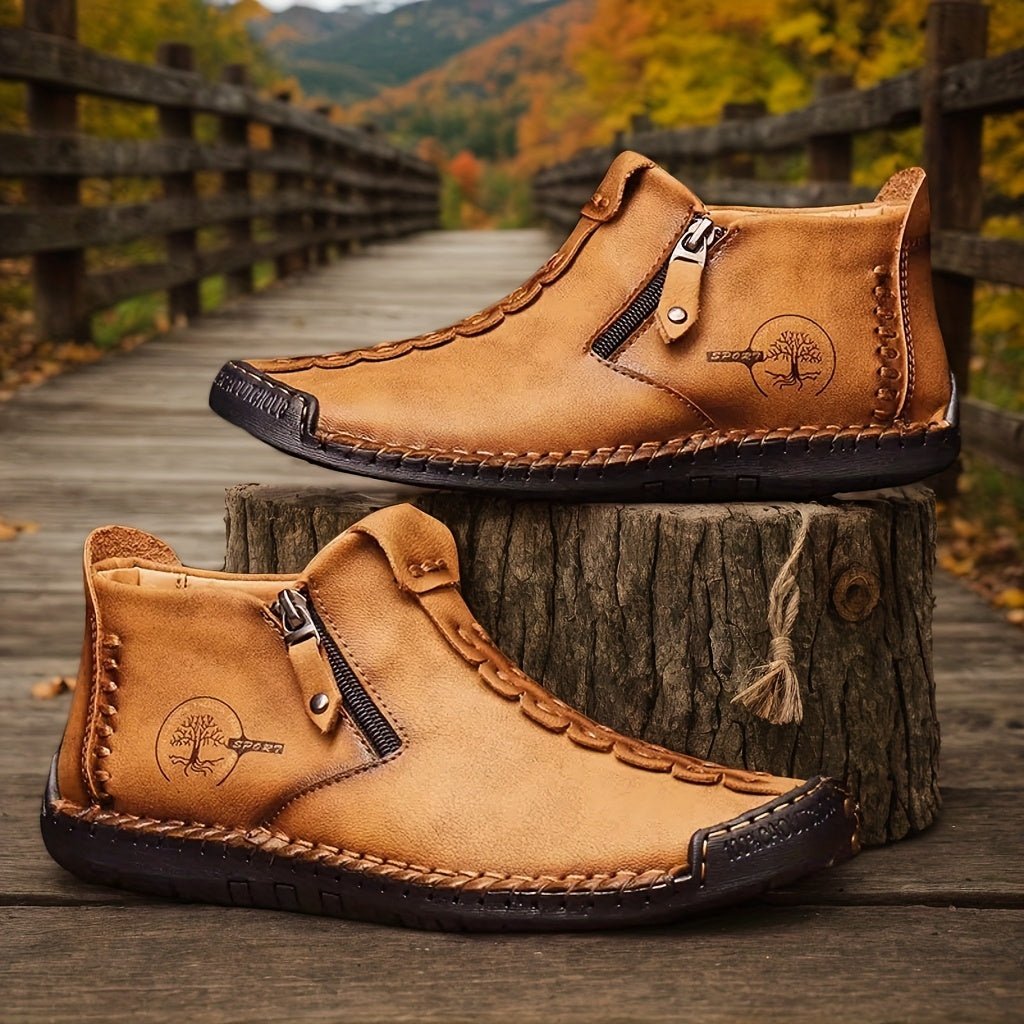 Men's Ankle Boots Slip-On Casual Loafers Shoes Hand Stitching Outdoor Work Boots for Men Comfortable Non-Slip Walking Shoes