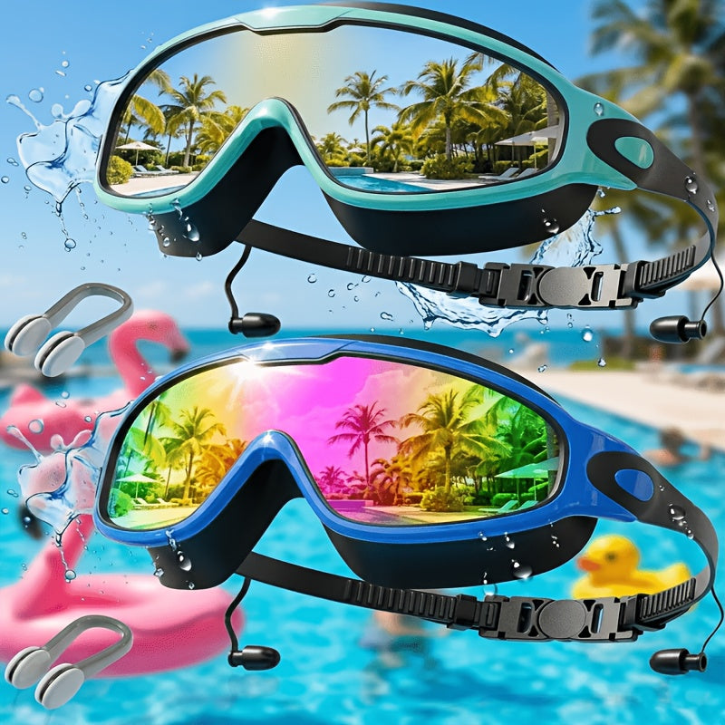 Swimming Goggles Wide View Anti-Fog No-Leak with Mirrored Lens, Earplugs & Nose Clip – UV Protection Swim Goggles for Adults, Men, Women & Youth, Triathlon & Pool