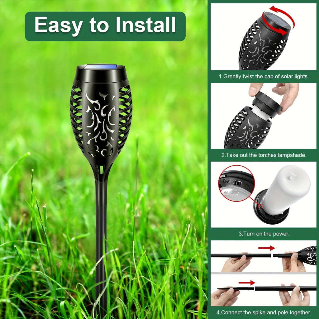 Solar Flame Torch Lights Outdoor - Flickering Flame Effect, IP65 Waterproof, Auto Dusk-to-Dawn, 750mAh Solar Powered Garden Stake Lights for Yard, Lawn, Patio & Pathway - 4/8/12 Pack