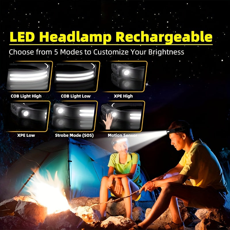 Rechargeable Headlamp 3-Pack COB LED 230° Wide Beam 5 Modes Motion Sensor USB Headlamps for Adults Camping Hiking Work Hard Hat with 6 Hooks