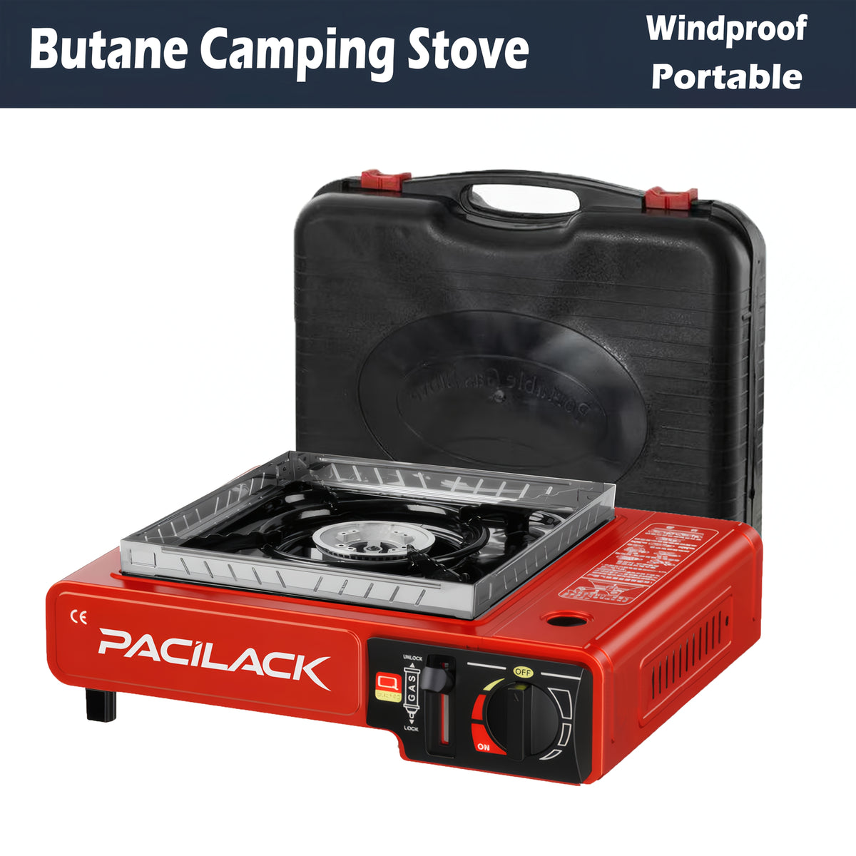 Portable Butane Camping Stove with Windscreen & Carrying Case – Heavy-Duty Ultra-Fast Ignition, Compact Lightweight for Camping, Backpacking, Tailgating & Emergency Survival | Black & Red