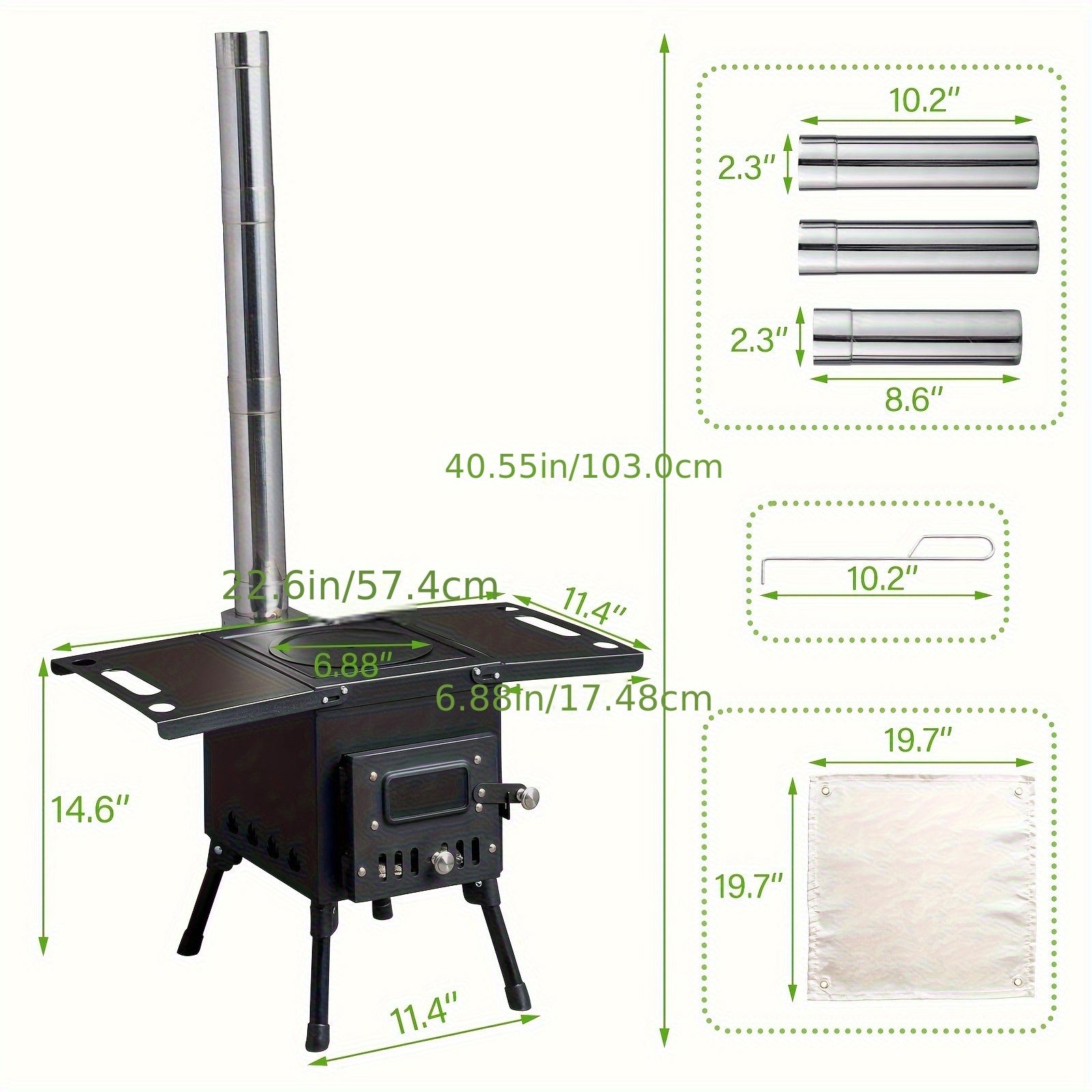 Wood Burning Camping Stove with Chimney Portable Foldable Carbon Steel Tent Stove for Camping Hunting Ice Fishing Backpacking Outdoor Heating Cooking