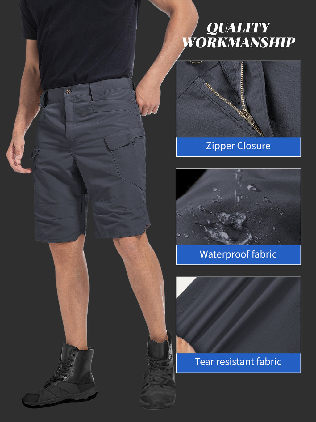 Cargo Shorts for Men 2 Pack – Multi-Pocket 100% Polyester Regular Fit Outdoor Hiking Work Casual Shorts S-XXXL (Black, Gray, Khaki, Army Green)