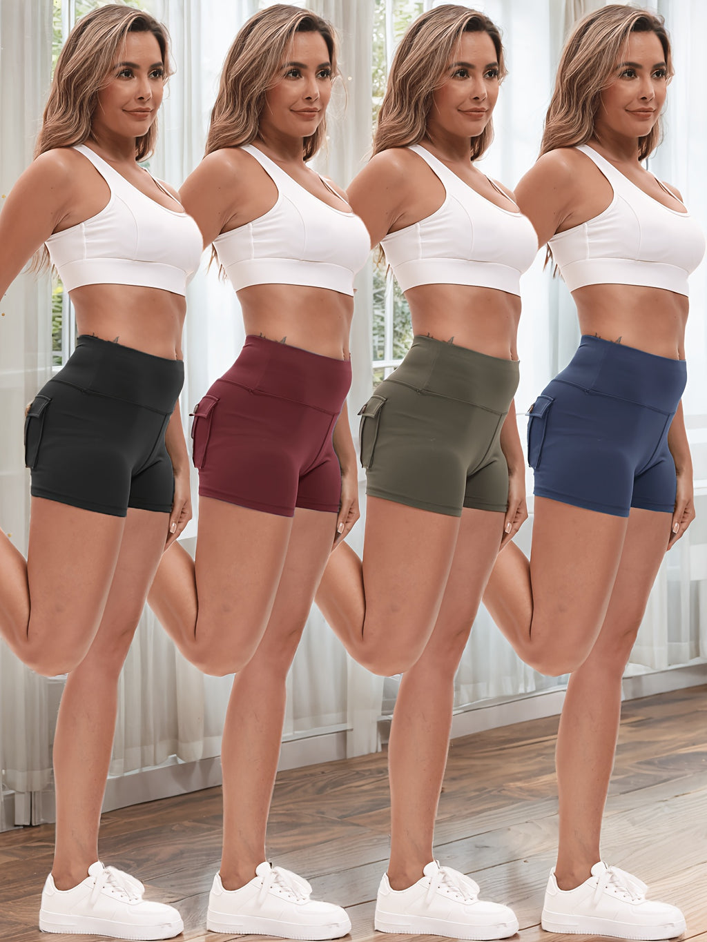 Women's 4-Pack Workout Shorts Set - Cargo & Yoga Shorts with Hip Lifting Shaping, High-Stretch Elastic Waist, Quick-Dry Fabric, Pockets, S-XXL Activewear Bundle