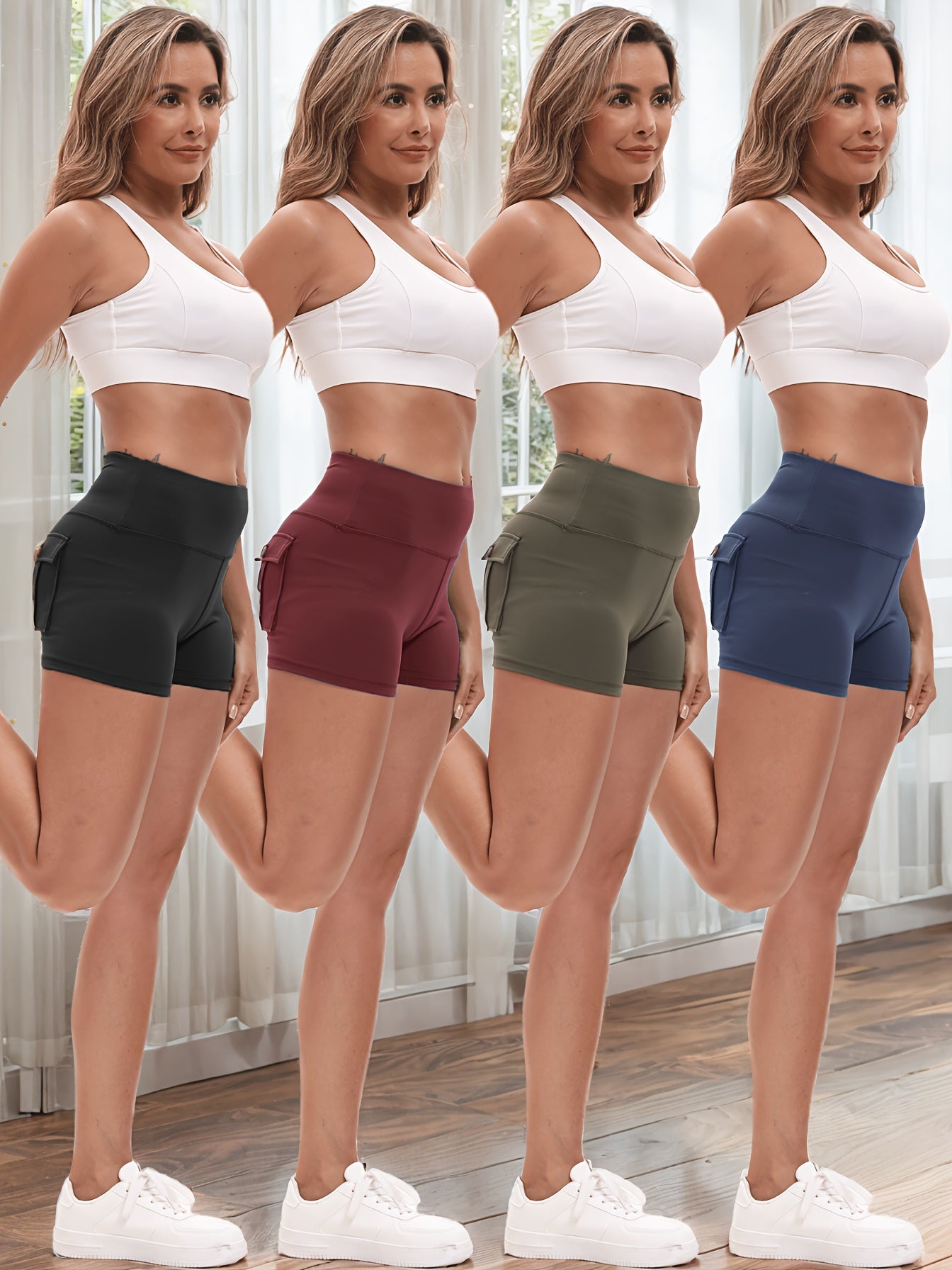 Women's 4-Pack Workout Shorts Set - Cargo & Yoga Shorts with Hip Lifting Shaping, High-Stretch Elastic Waist, Quick-Dry Fabric, Pockets, S-XXL Activewear Bundle
