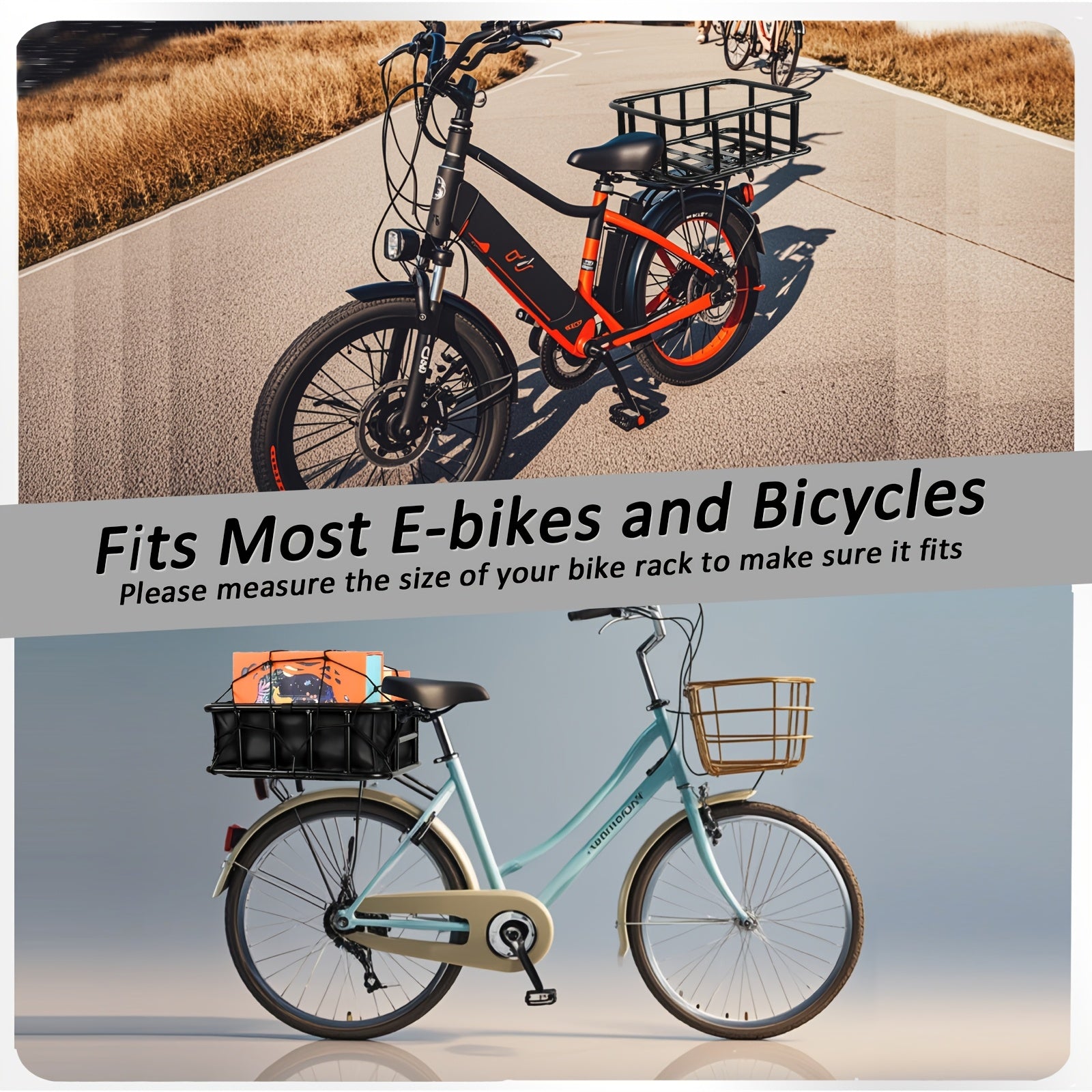 Rear Bike Basket Heavy Duty Iron Large Removable Folding, Bicycle Rear Mount Basket for Most Bikes & Ebikes, Black Frame Cargo Basket for Groceries Vegetables Pets, Commuter Cycling Accessory
