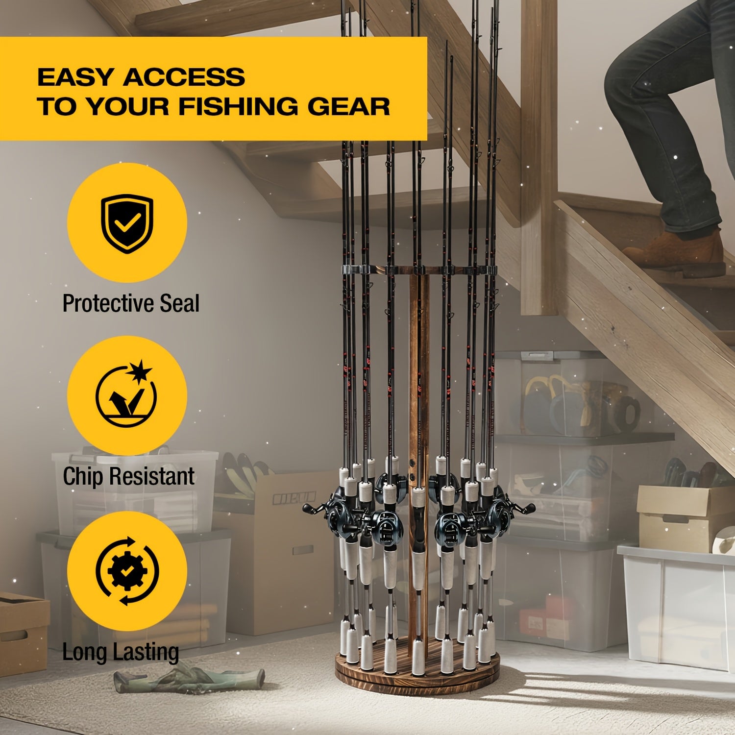 360° Rotating Circular Wooden Fishing Rod Rack - Holds 16 Rods - Space-Saving Wall Mount Fishing Pole Organizer for Garage, Basement & Shed - Great Fishing Gift