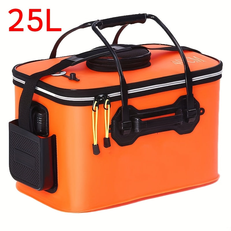 Collapsible 25L EVA Fishing Bucket with Lid – Foldable Live Fish Keeper & Bait Container for Kayak Bank Pier Fishing, Lightweight Portable Water Bucket for Camping, Orange & Blue