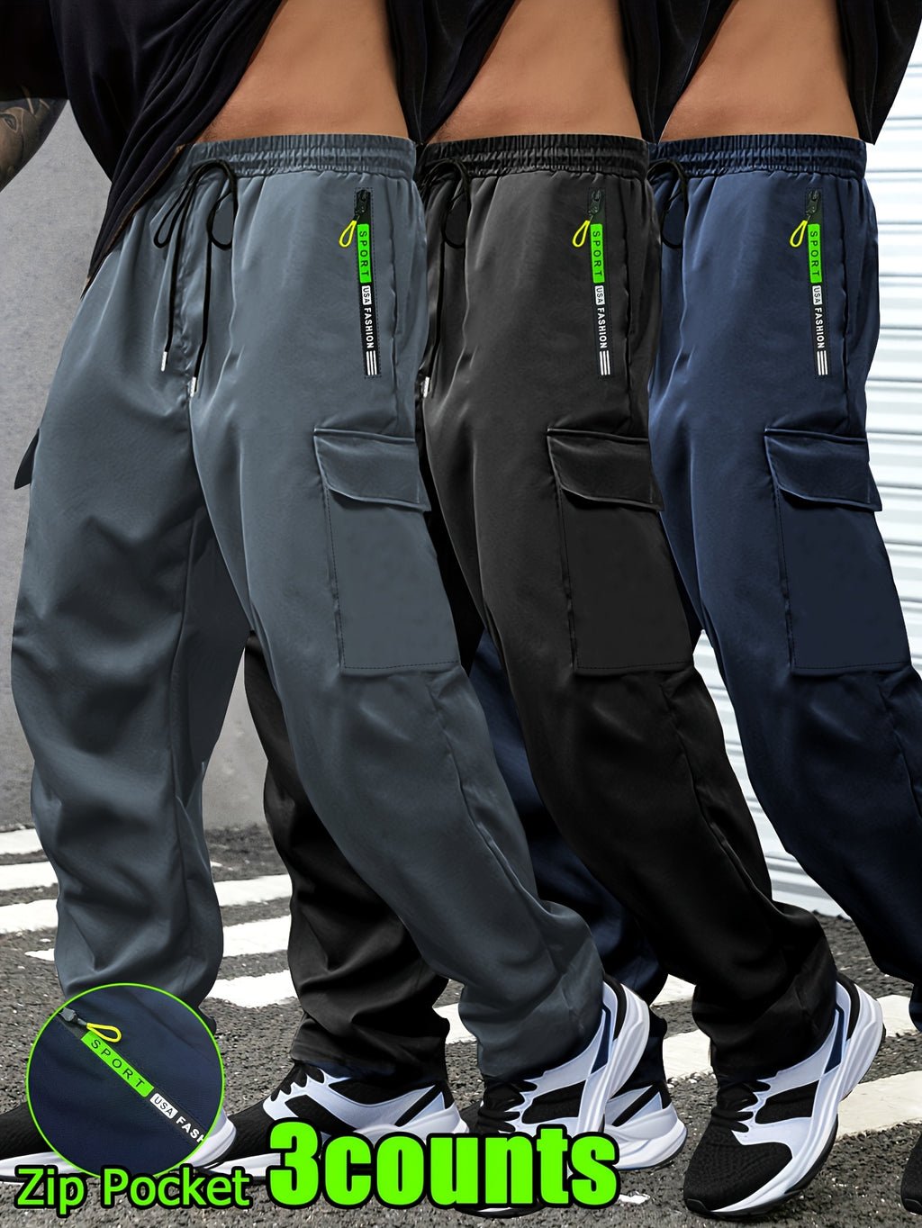 Men's Lightweight Cargo Pants with Drawstring & Elastic Waist – Multi Zipper & Side Pockets, Breathable Regular Fit for Hiking, Camping & Casual Outdoor Wear, S-XXXL