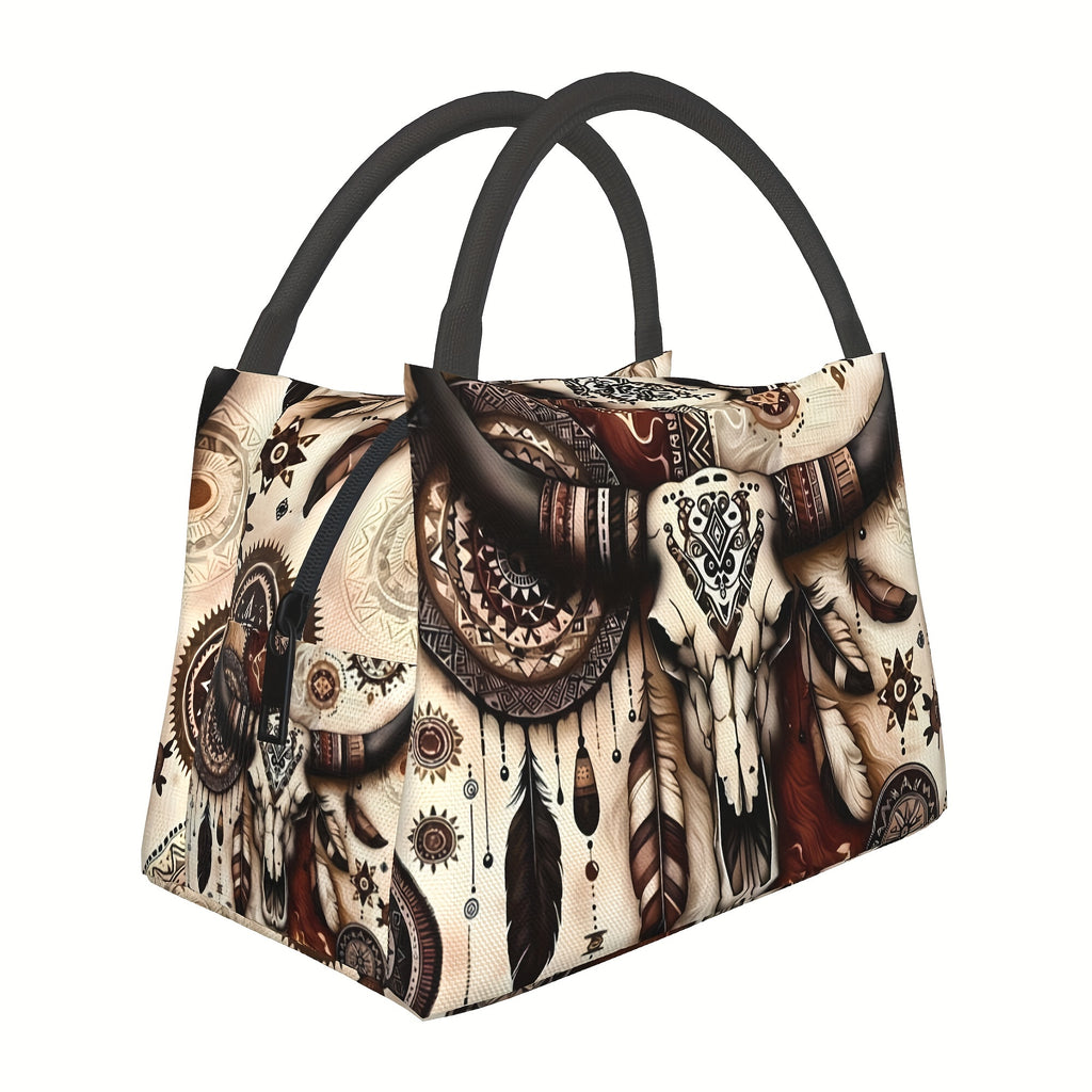 Western Cowboy Insulated Lunch Bag - Cowhide Feather Floral Cooler Tote for Women, Reusable Lunch Box for Camping Beach Office Home, Birthday Holiday Gift