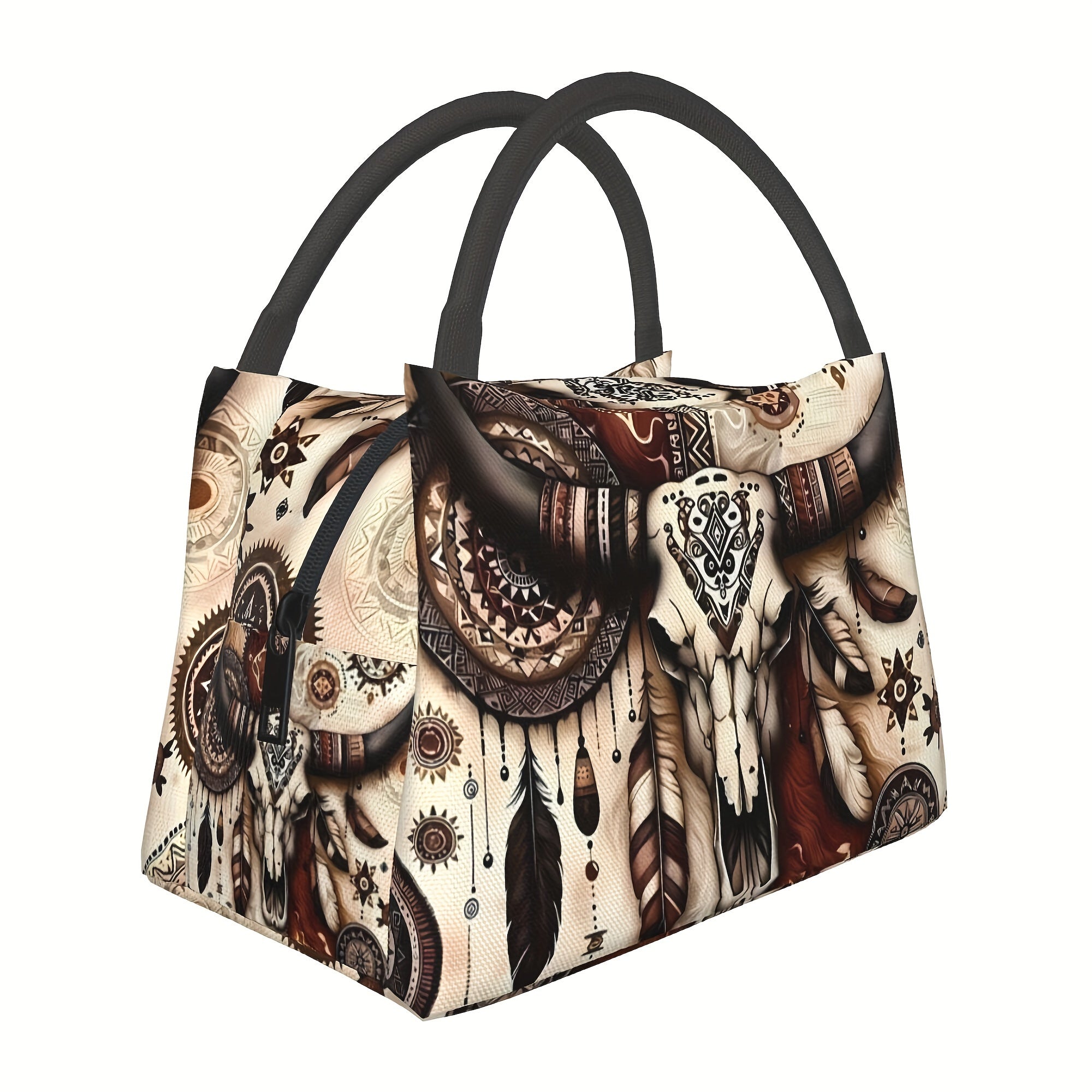 Western Cowboy Insulated Lunch Bag - Cowhide Feather Floral Cooler Tote for Women, Reusable Lunch Box for Camping Beach Office Home, Birthday Holiday Gift
