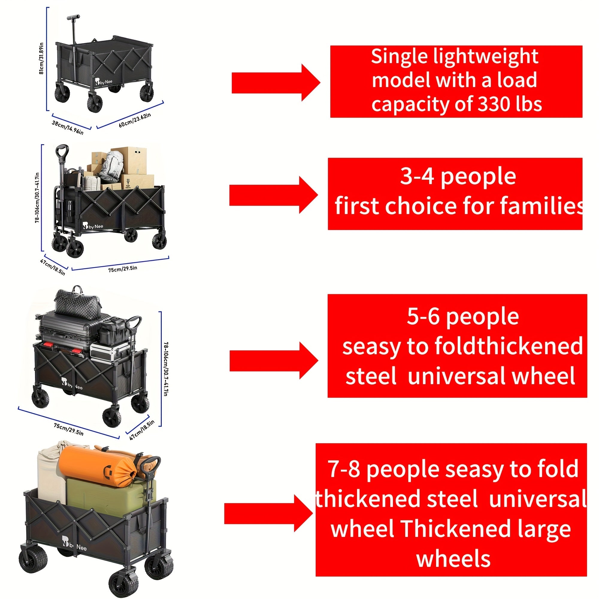 Collapsible Folding Wagon Cart Heavy Duty 450-650LBS – All Terrain Foldable Utility Wagon for Camping Beach Gardening Grocery Shopping Fishing, Large Capacity, Black