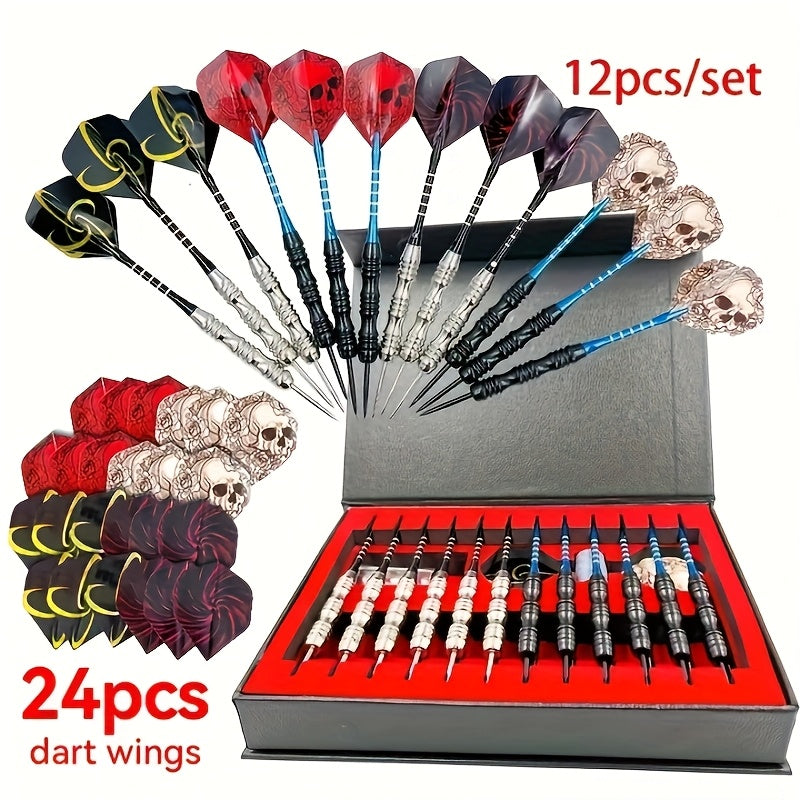 Steel Tip Darts Gift Set with Dart Flights Aluminum Alloy Shaft Skull Wings Indoor Outdoor Bar Club Game Competition Gift Box 6 or 12 Pack