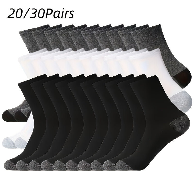 Men's Athletic Crew Socks Bulk Pack 20 & 30 Pairs – Breathable Sweat-Wicking Mid-Calf Sports Socks Black White Grey Combo One Size