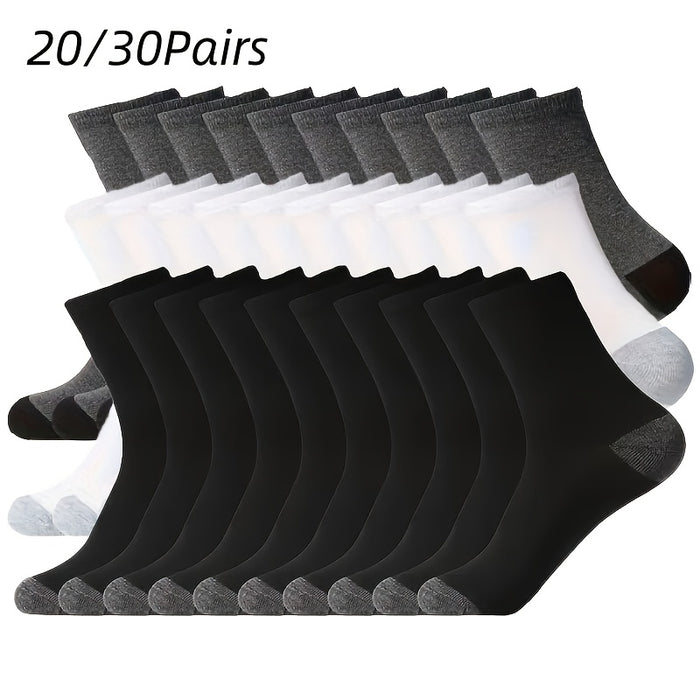 Men's Athletic Crew Socks Bulk Pack 20 & 30 Pairs – Breathable Sweat-Wicking Mid-Calf Sports Socks Black White Grey Combo One Size
