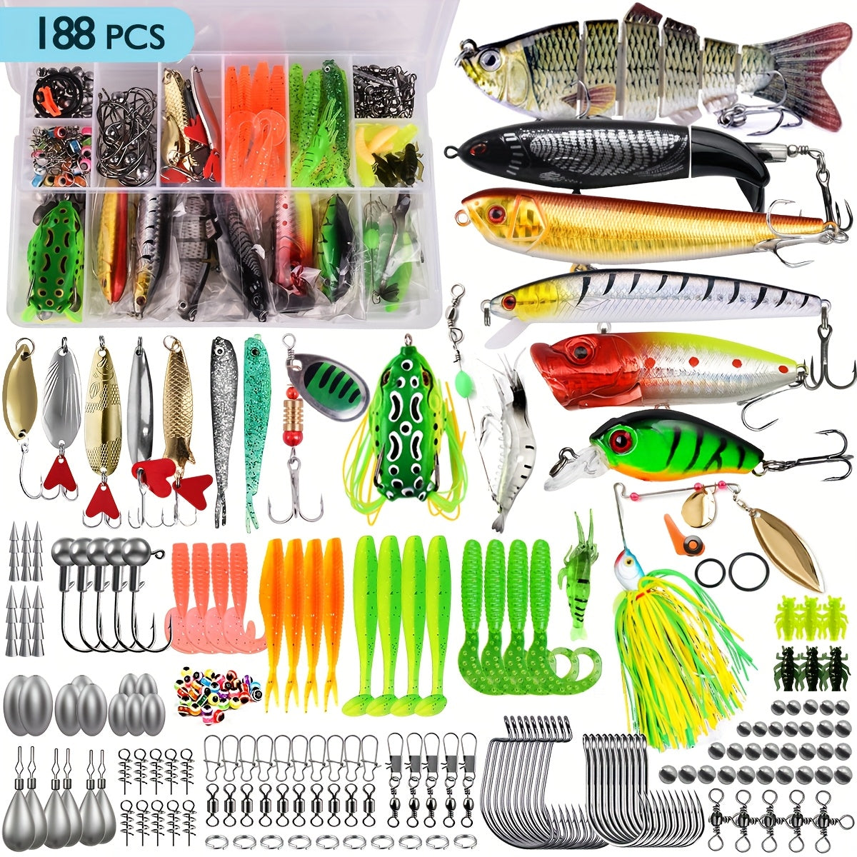 Fishing Lures Kit 78-361 Pieces – Freshwater Bass Trout Salmon Tackle Box with Spoon Lures, Soft Plastic Worms & Fishing Accessories for Beginners & Experienced Anglers