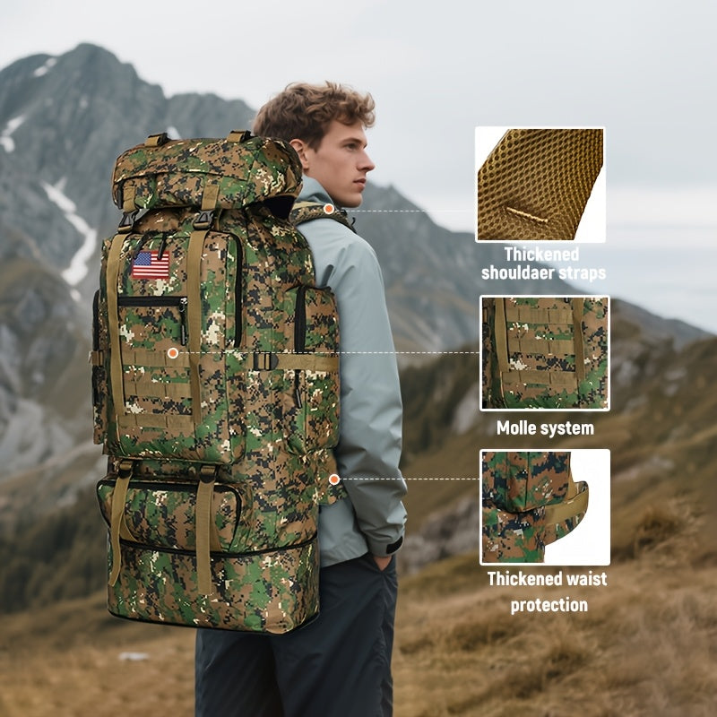 100L Tactical Camouflage Backpack – Large Capacity Hiking Rucksack with Multiple Compartments, Ergonomic Straps for Camping, Trekking, Hunting & Travel