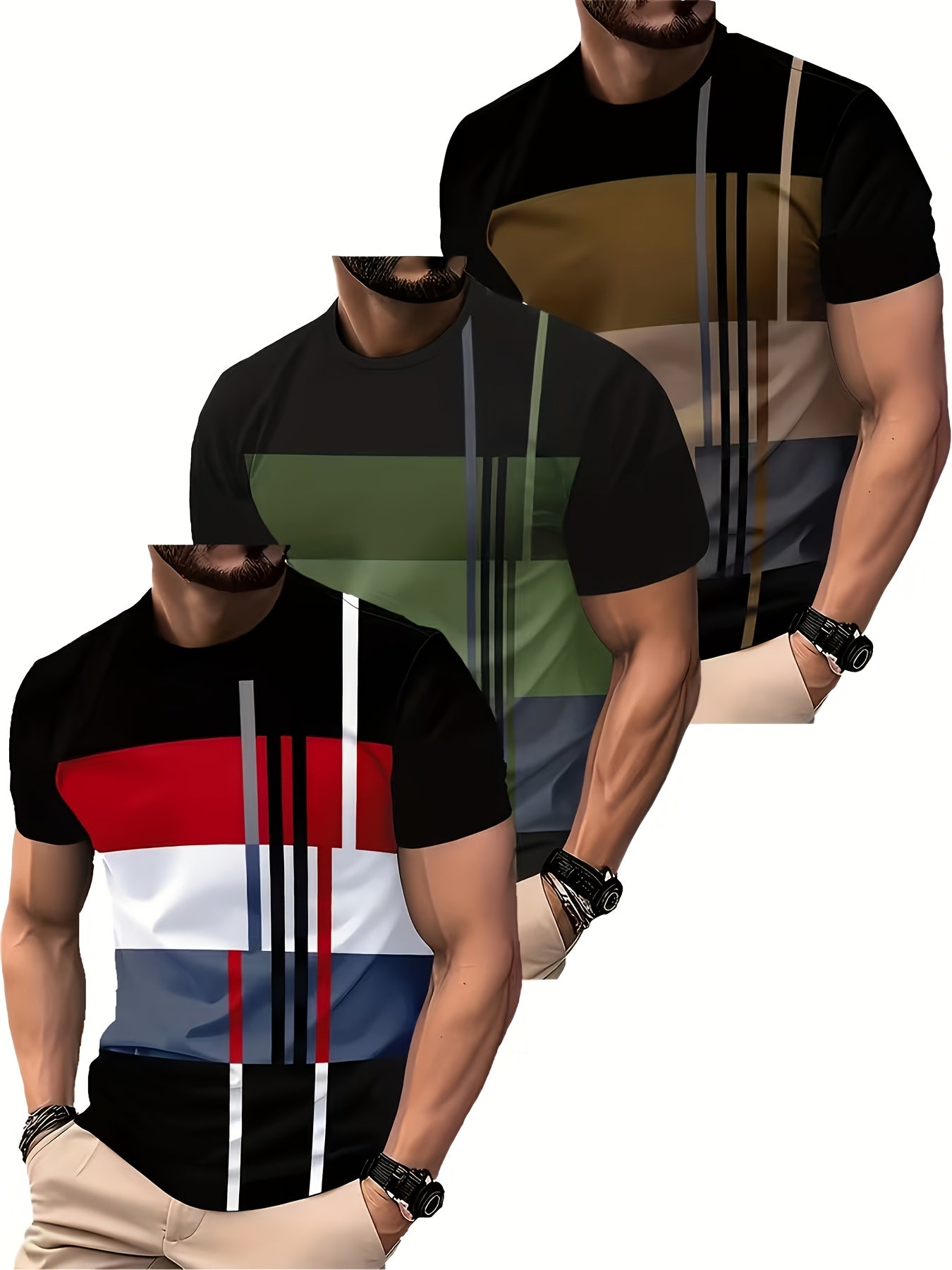 Men's Moisture-Wicking T-Shirts 3 Pack Color Block Round Neck Athletic Tees Breathable Lightweight for Gym Training Outdoor Casual S-XXXL