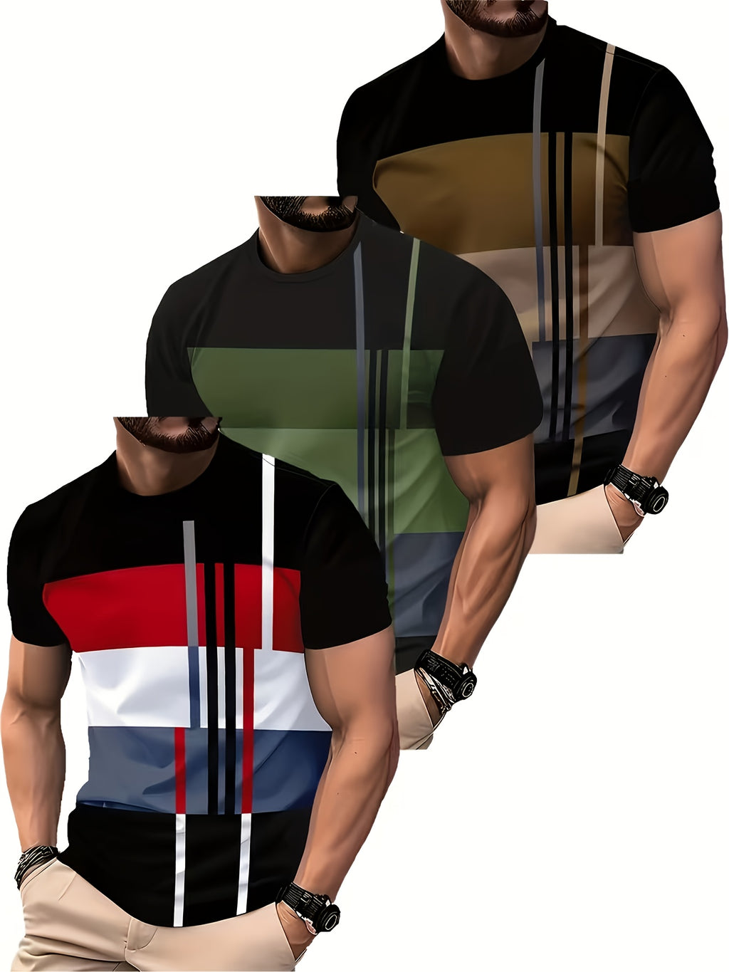 Men's Moisture-Wicking T-Shirts 3 Pack Color Block Round Neck Athletic Tees Breathable Lightweight for Gym Training Outdoor Casual S-XXXL