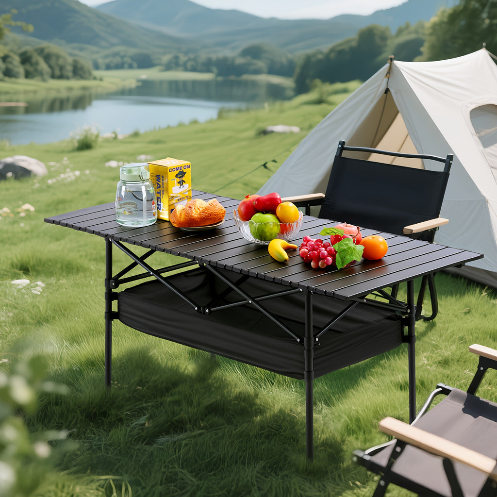 Folding Camping Table Portable Aluminum Height Adjustable with Rolling Wheels – Lightweight Outdoor Table with Mesh Storage Bag & Carry Bag for Camping, Beach, Backyard, BBQ, Patio & Picnic