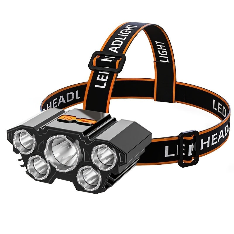 2-Pack USB Rechargeable LED Headlamp 5-LED 4-Mode IP44 Waterproof Hands-Free Head Light for Camping Hiking Night Running Car Repairs Outdoor Work Emergency