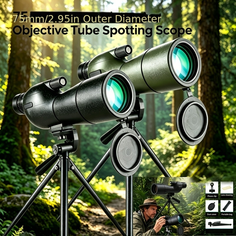 POKEPIC Hd25-75X60 1-Pack Portable Spotting Scope with Tripod And Phone Adapter, High Magnification Angled Eyepiece Monocular Telescope for Shooting, Bird Watching Wildlife Viewing, Compact Binoculars for Outdoor Travel, Camping