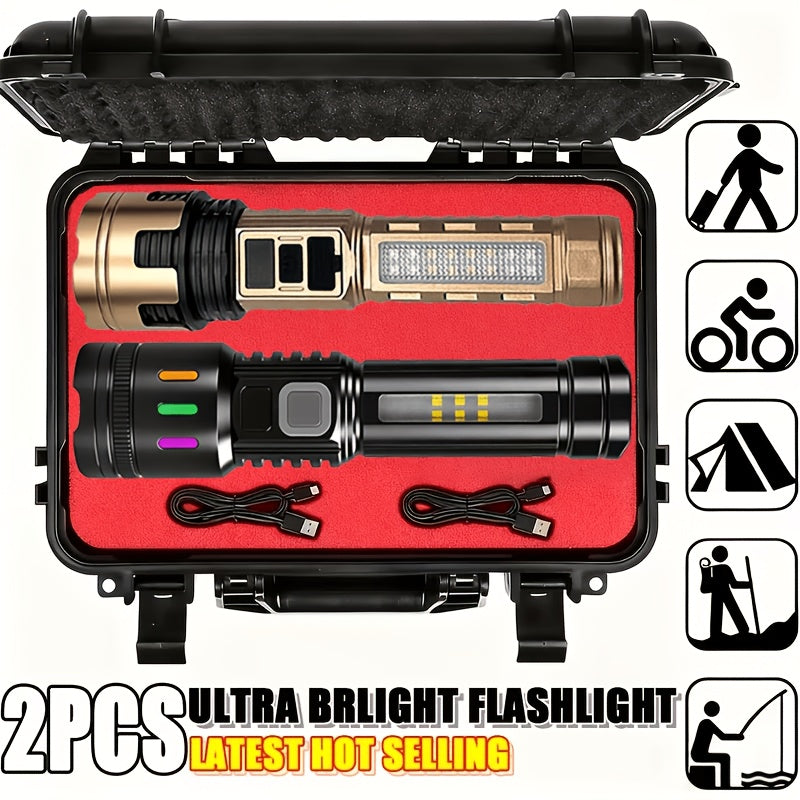 LED Flashlight Set 2 Pack Rechargeable – 3200 Lumens, 7 Modes, Zoomable Tactical Torch, USB-C, 900M Beam, for Camping, Hiking, Emergency & Survival, Carry Case Included