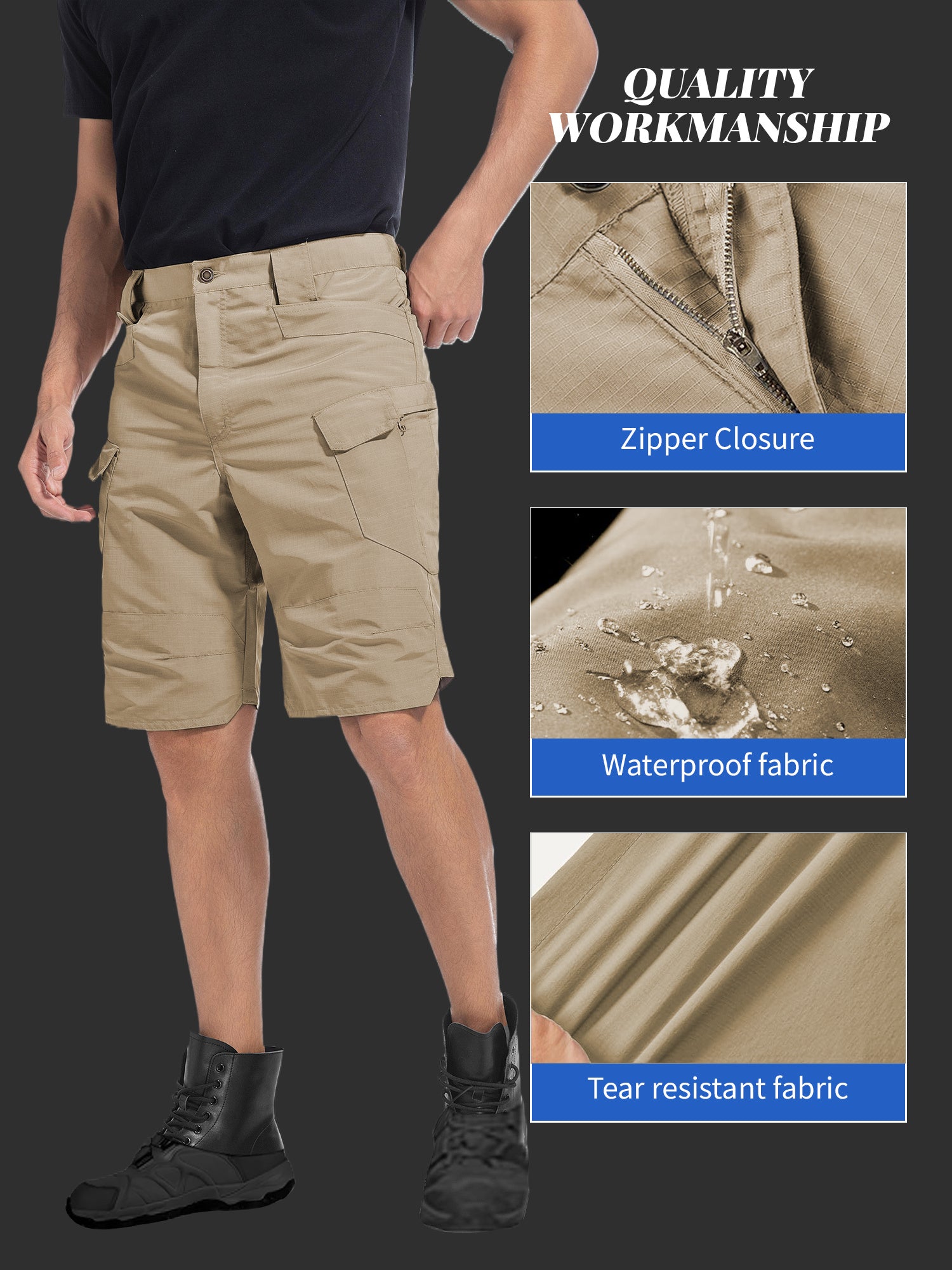 Cargo Shorts for Men 2 Pack – Multi-Pocket 100% Polyester Regular Fit Outdoor Hiking Work Casual Shorts S-XXXL (Black, Gray, Khaki, Army Green)