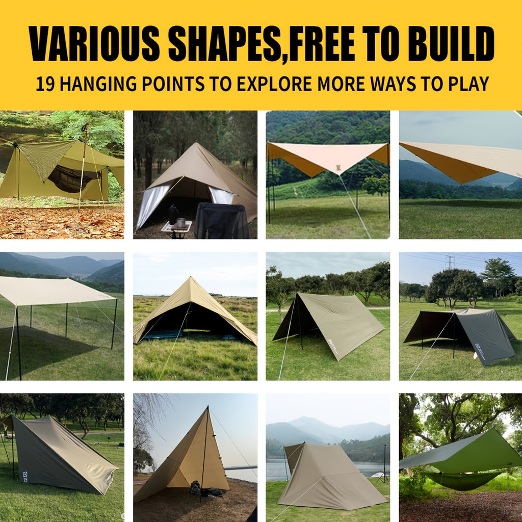 Multifunctional Waterproof Camping Tarp 6 Person – 19 Tethering Points Survival Tarpaulin, Rain Fly, Sunshade & Hammock Tent for Hiking, Backpacking, Cycling & All-Season Outdoor Use