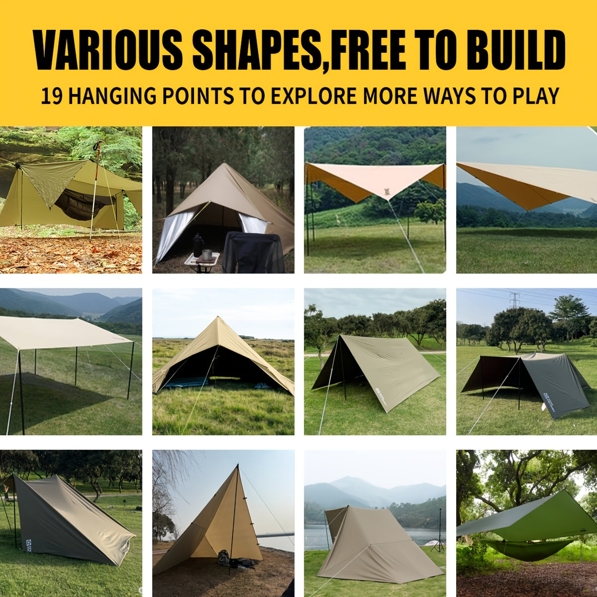 Multifunctional Waterproof Camping Tarp 6 Person – 19 Tethering Points Survival Tarpaulin, Rain Fly, Sunshade & Hammock Tent for Hiking, Backpacking, Cycling & All-Season Outdoor Use