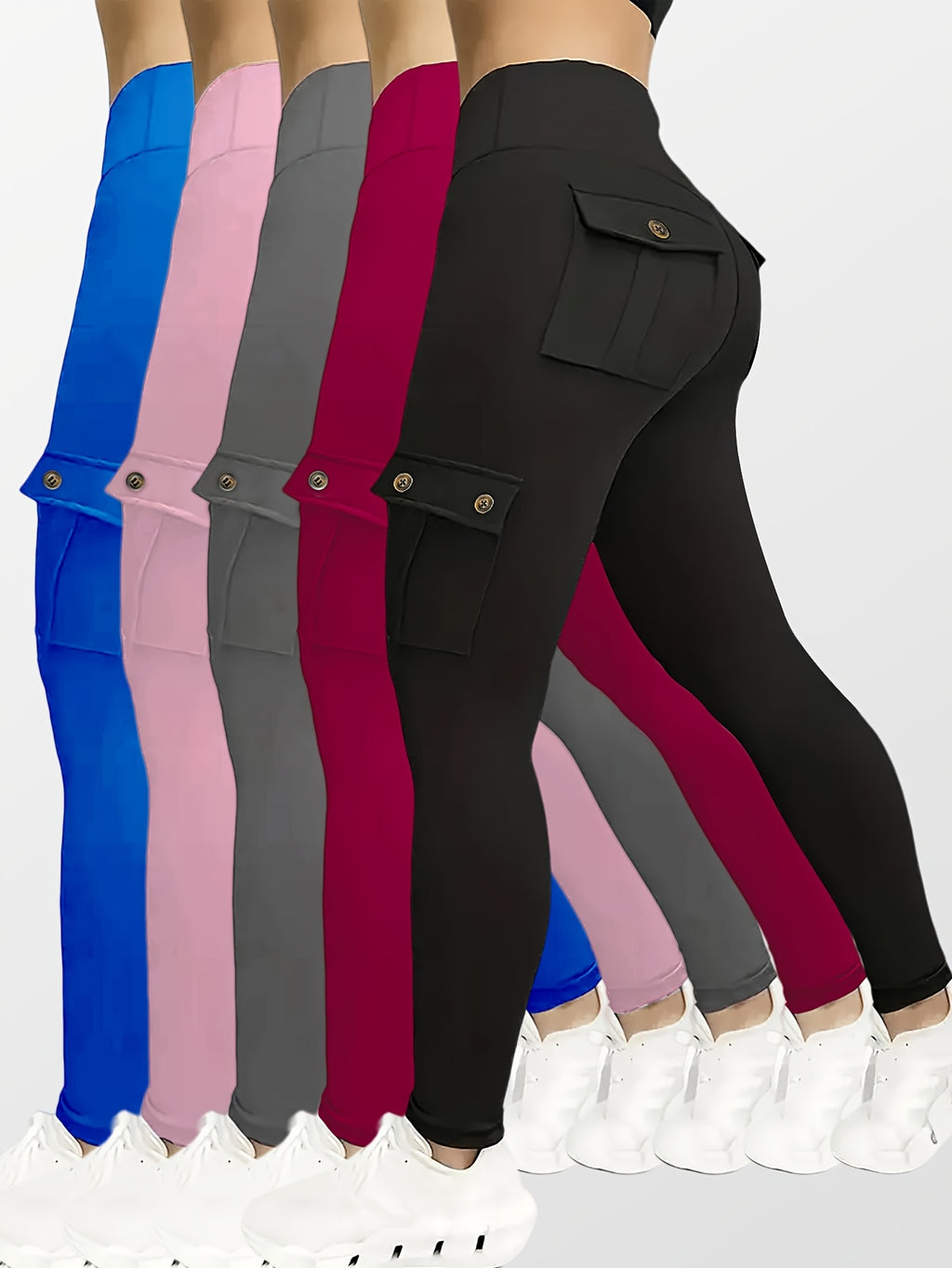 5-Pack Women's High Waist Yoga Leggings Set with Secure Flap Pockets – Sweat-Wicking Workout Running Sports Pants S M L XL XXL