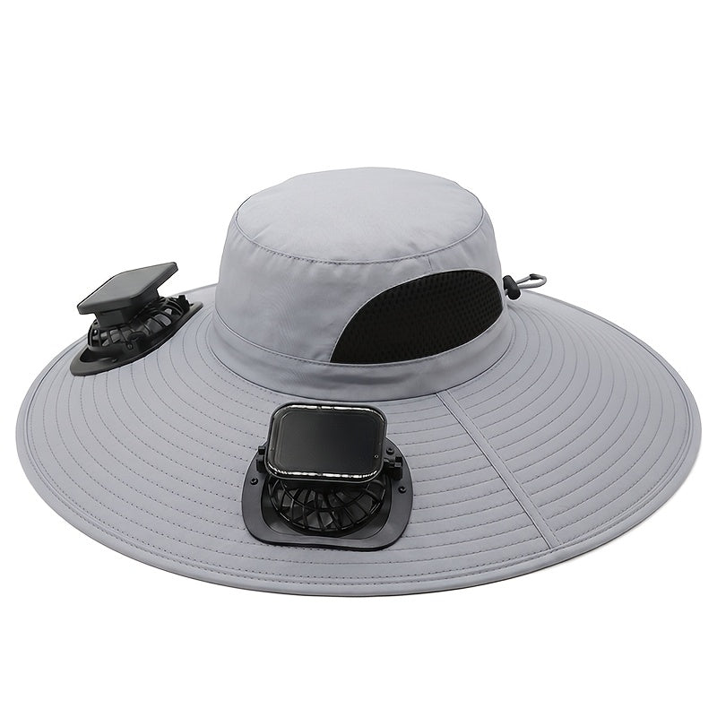Wide Brim Outdoor Hat Solar Fan USB Rechargeable - Lightweight Sun Hat for Fishing Hiking Mountain Climbing, With or Without Fan, Black Khaki Grey Camo