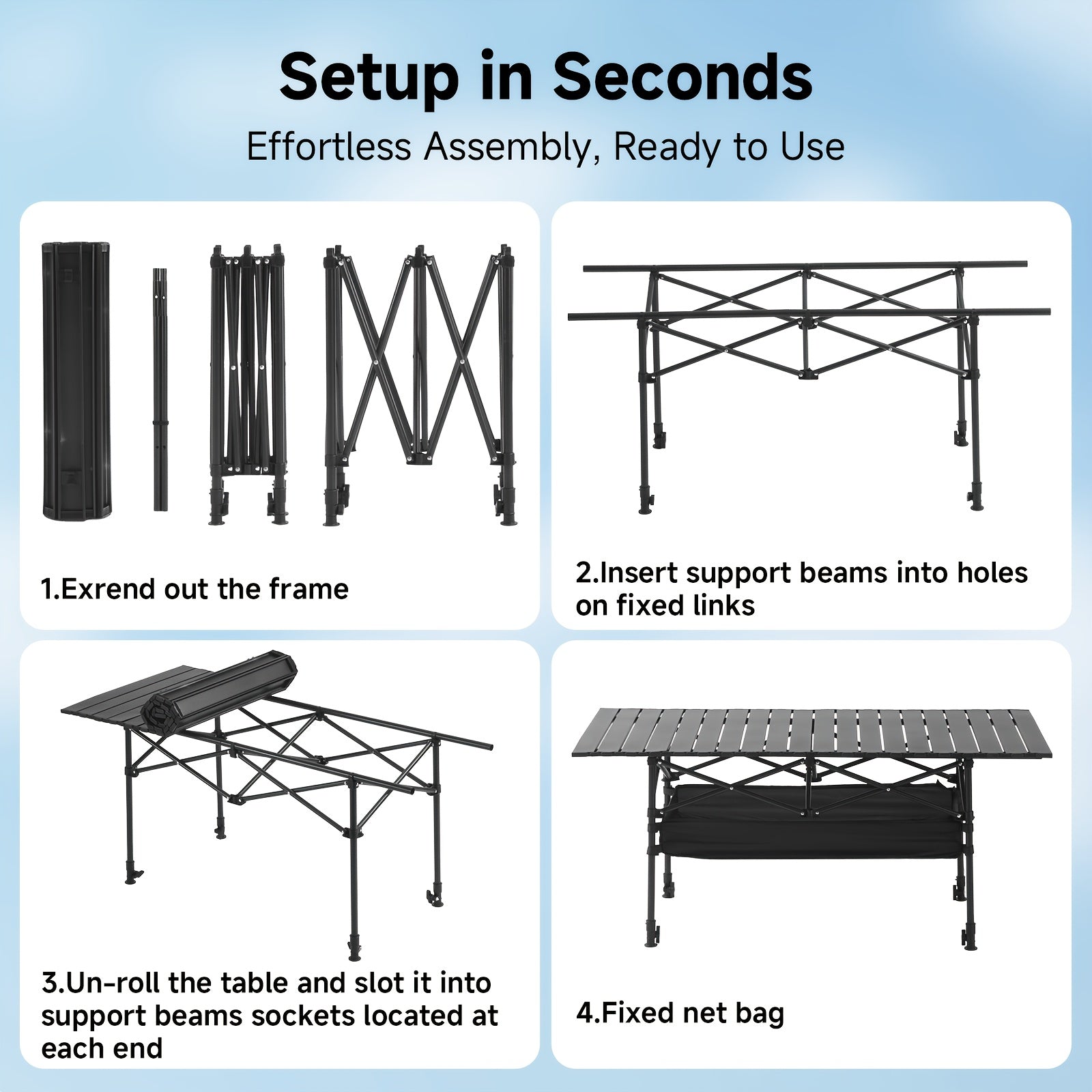 Folding Camping Table Portable Aluminum Height Adjustable with Rolling Wheels – Lightweight Outdoor Table with Mesh Storage Bag & Carry Bag for Camping, Beach, Backyard, BBQ, Patio & Picnic