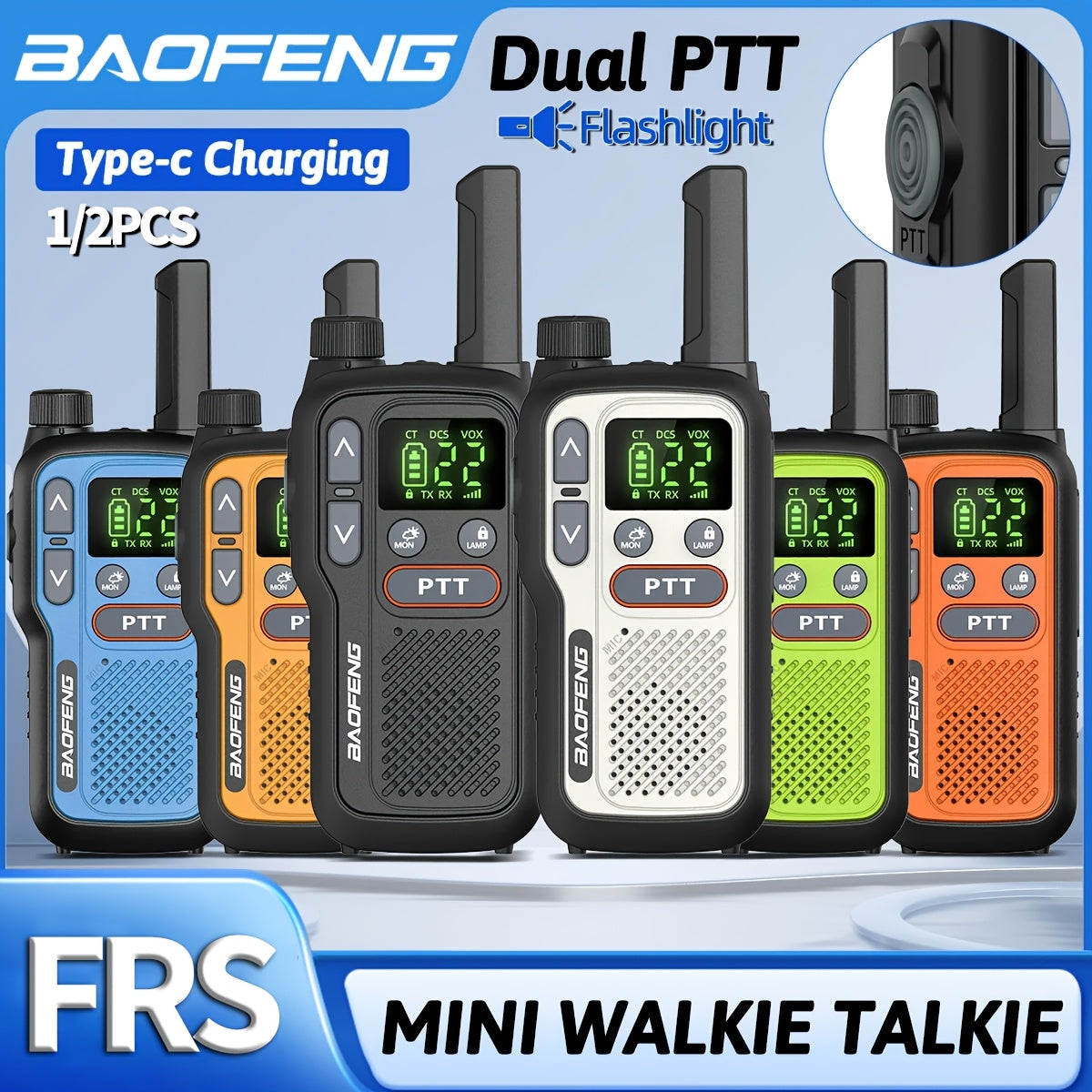 Long Range Walkie Talkies for Adults BF-T18 FRS Two Way Radio Rechargeable 1500mAh USB-C NOAA VOX LED Flashlight Hiking Camping