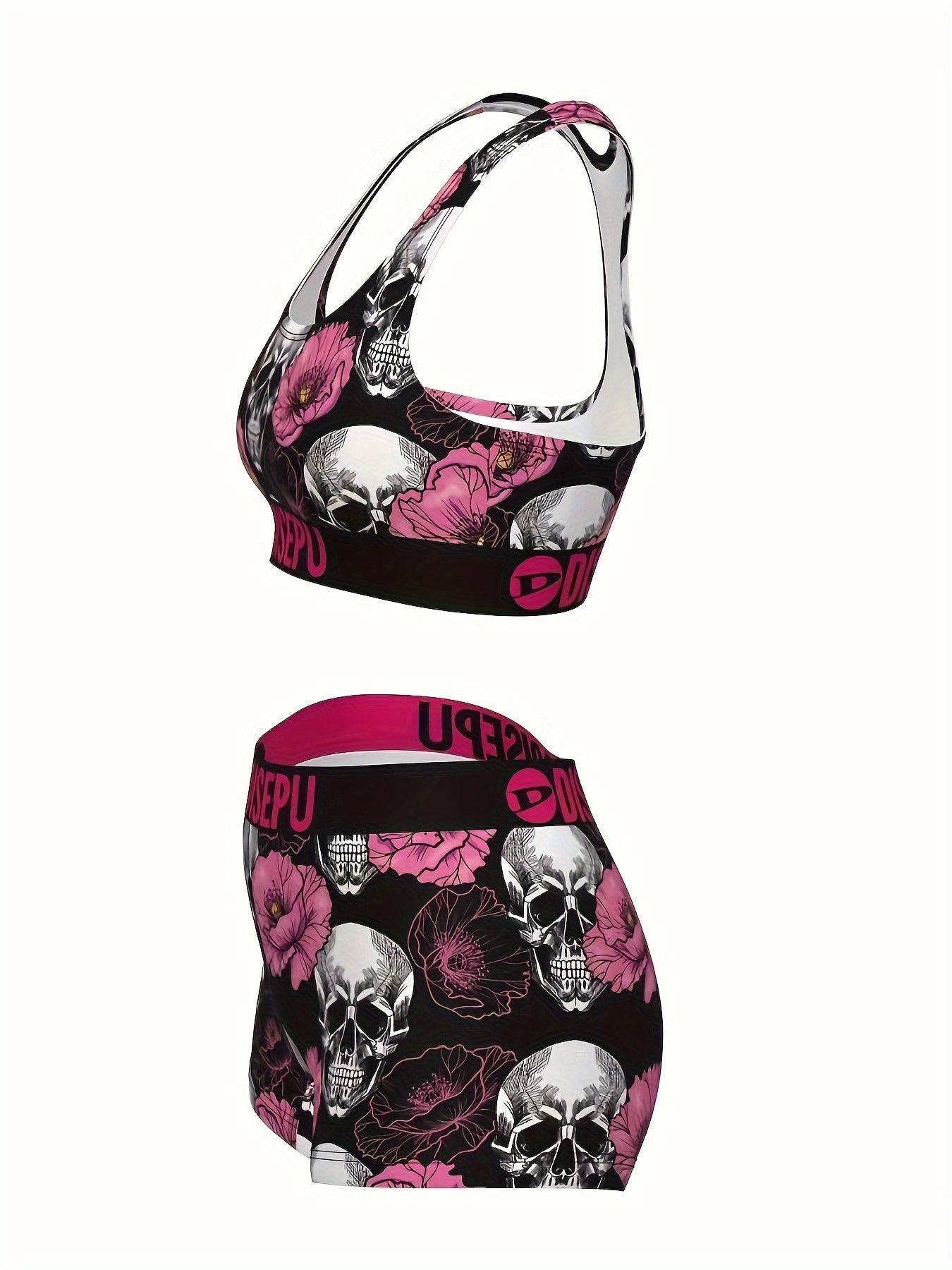 Women's Skull & Pink Flower Print Sports Bra and Shorts Set – 2-Piece Gothic Floral Activewear for Gym Yoga Running Halloween Workout High Stretch Breathable S M L XL XXL
