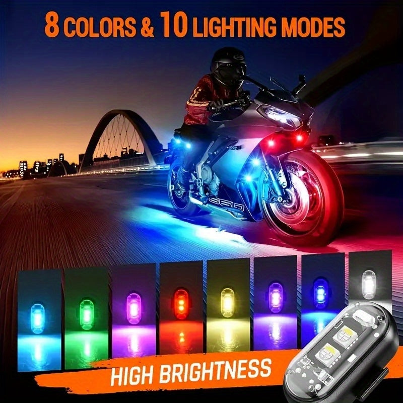 LED Bike Lights 8-Color Remote Control USB Rechargeable High Brightness Mini LED Lights for Bicycle Motorcycle Car Drone 2 4 6 8 Pack Gift for Riders
