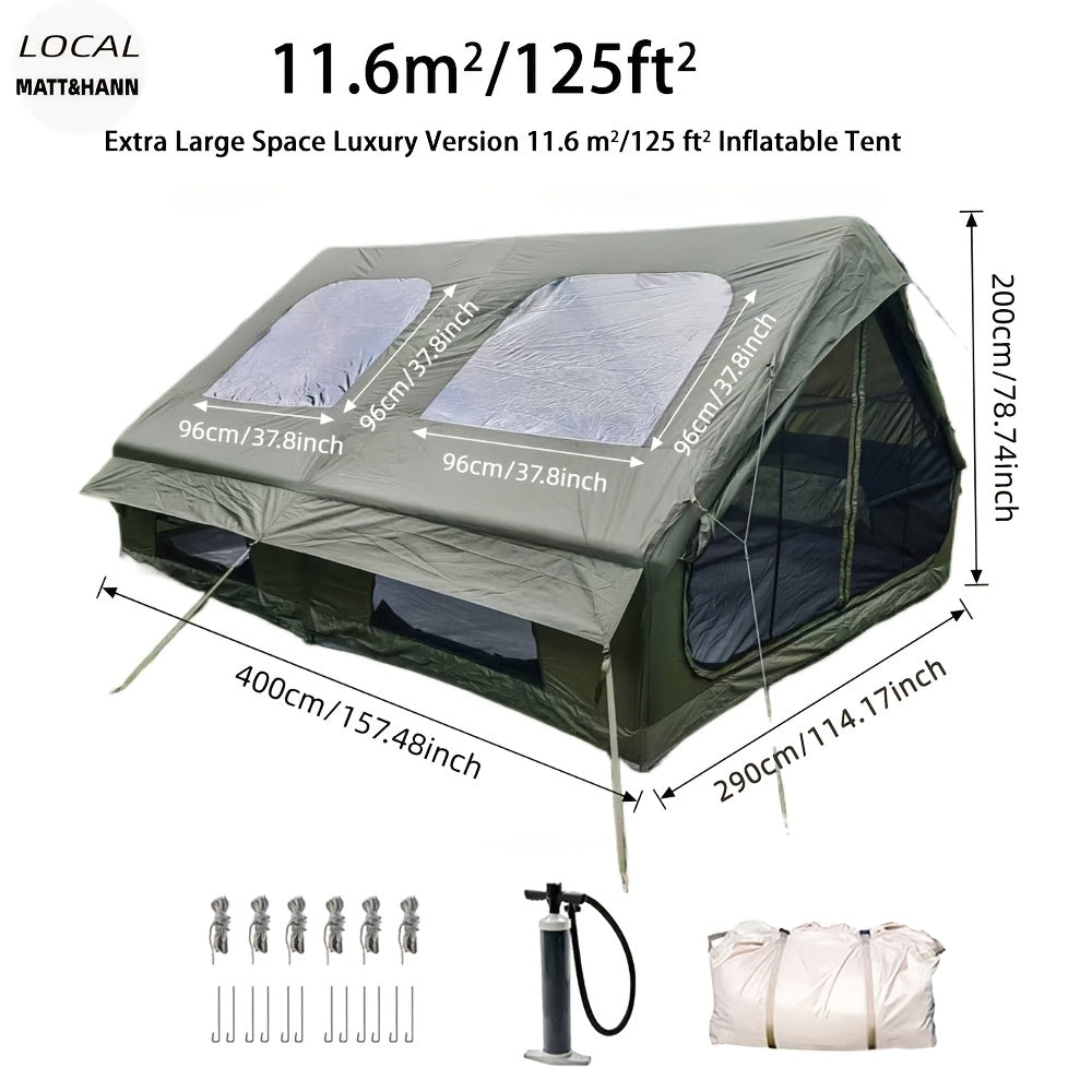 Inflatable Glamping Tent for 4-6 Person – 4-Season Large Luxury Air Tent with Optional Skylight & Stove Jack, Manual Pump Included, Windproof Family Camping Shelter (6.3-12 sqm)