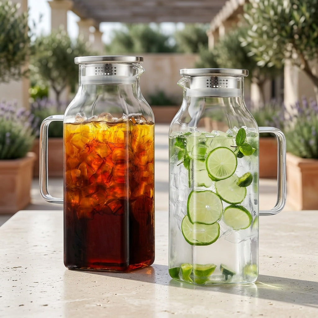 Glass Pitcher with Lid 68oz 2 Pack Square Borosilicate Glass Water Pitcher with Handle Classic Stripes Carafe for Fridge Iced Tea Coffee Cold Hot Brew Large Jug