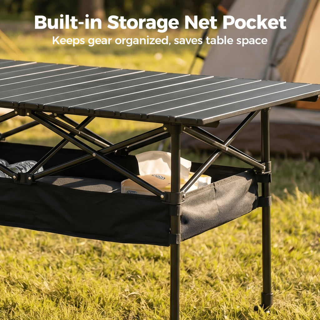 Folding Camping Table Portable Aluminum Height Adjustable with Rolling Wheels – Lightweight Outdoor Table with Mesh Storage Bag & Carry Bag for Camping, Beach, Backyard, BBQ, Patio & Picnic