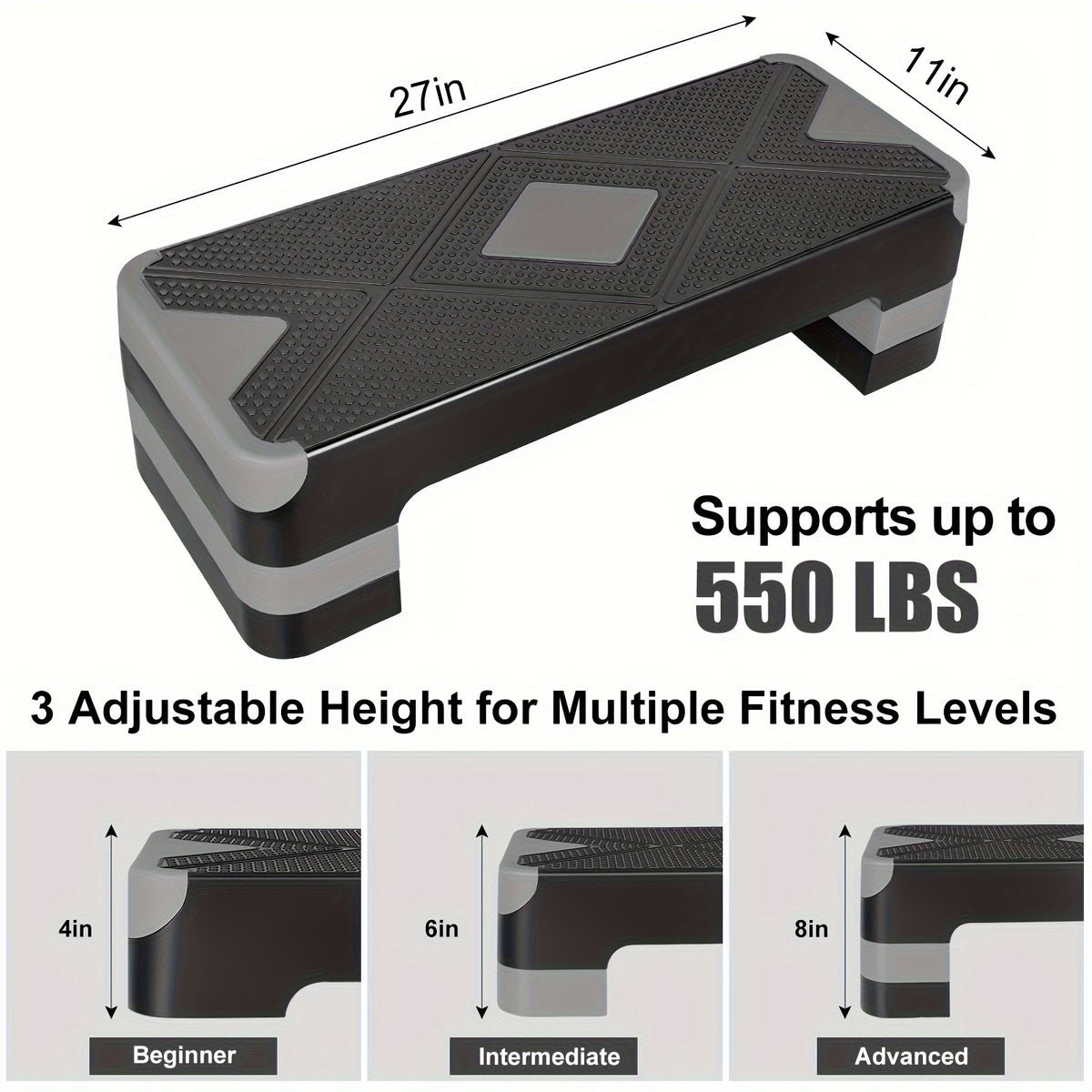 Aerobic Step Platform Adjustable Height 4-6-8 Inch Non-Slip Workout Stepper – Home Gym Cardio Fitness Trainer for Beginners & Advanced Men Women
