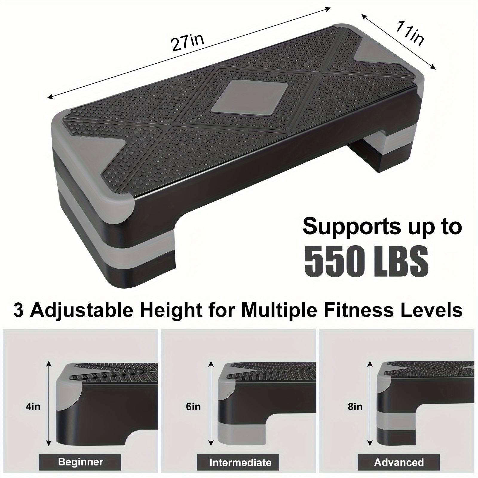 Aerobic Step Platform Adjustable Height 4-6-8 Inch Non-Slip Workout Stepper – Home Gym Cardio Fitness Trainer for Beginners & Advanced Men Women