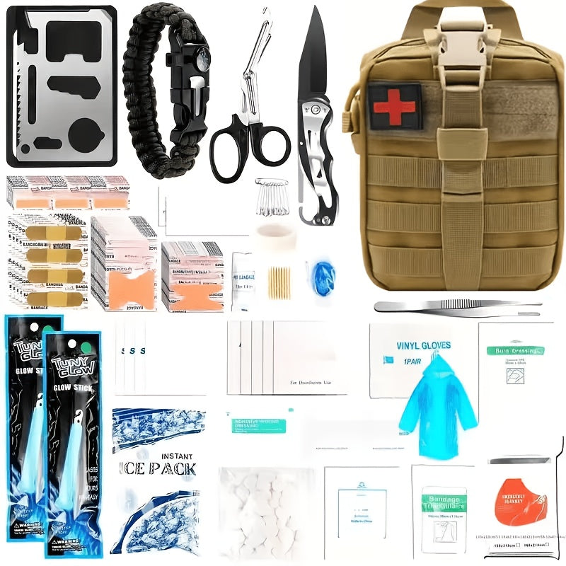 217-Piece Survival Kit with First Aid Kit & Survival Tools MOLLE Storage Bag - Outdoor Camping Hiking Emergency Gear for Men - Brown Black Khaki Green Red Orange Camouflage