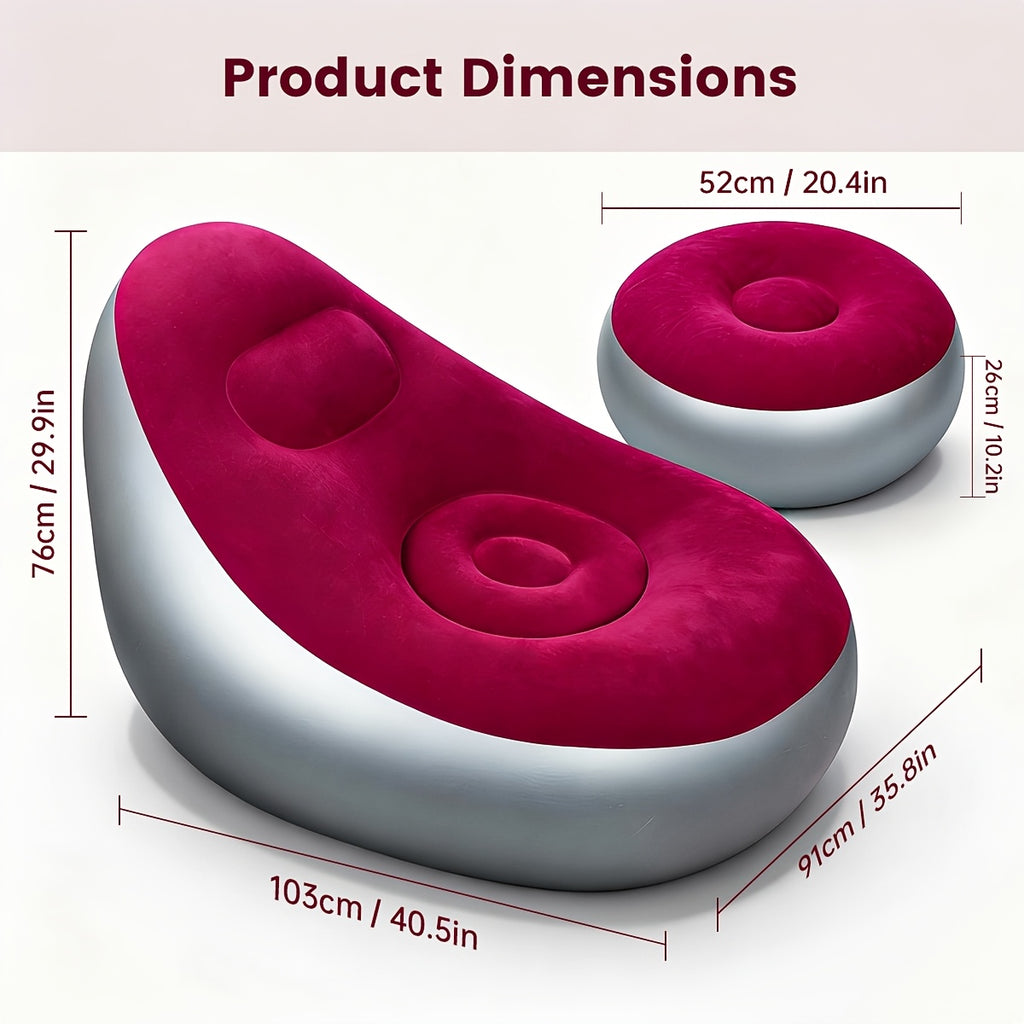 Inflatable Sofa with Footstool 2-Piece Set Heavy Duty Plush Fabric Portable Air Couch with Pump – Indoor Outdoor Camping Beach Backyard Lounge