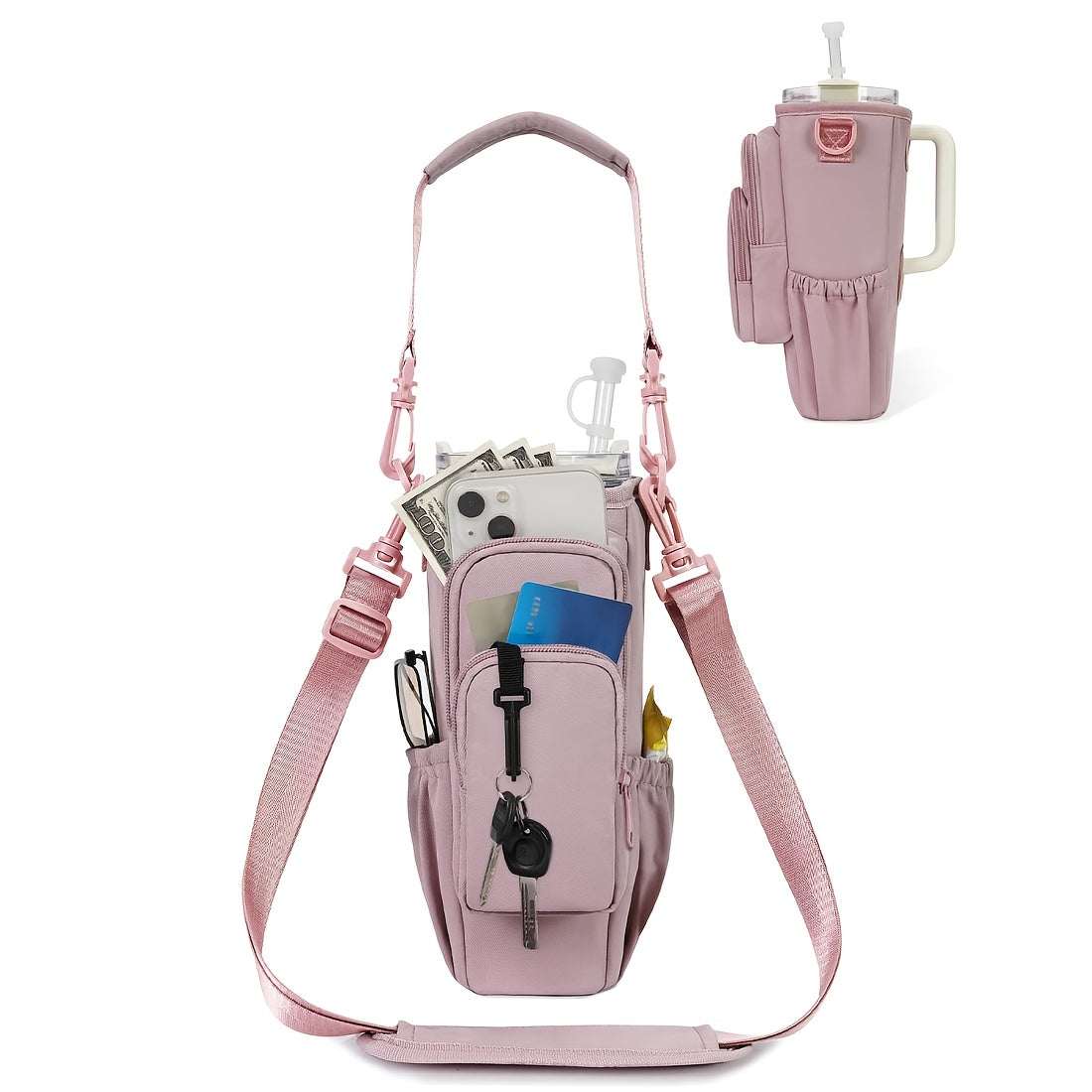 40oz Insulated Water Bottle Carrier Sling Bag with Phone Pocket – Hands-Free Adjustable Strap for Dog Walking Gym Travel Outdoor Men Women