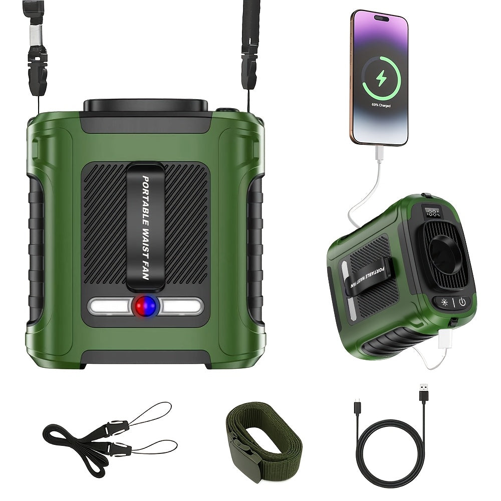 10000mAh Portable Waist Clip Fan Rechargeable Hands-Free Cooling Fan Digital Display LED Flashlight Power Bank for Outdoor Work Camping Hiking