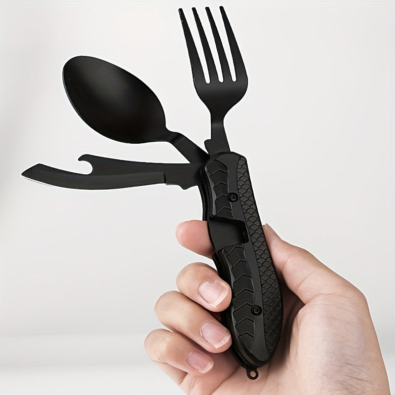 4-in-1 Stainless Steel Camping Utensil Set – Portable Folding Fork Spoon Knife & Bottle Opener for Hiking Survival Travel Backpacking Picnic Outdoor Meals