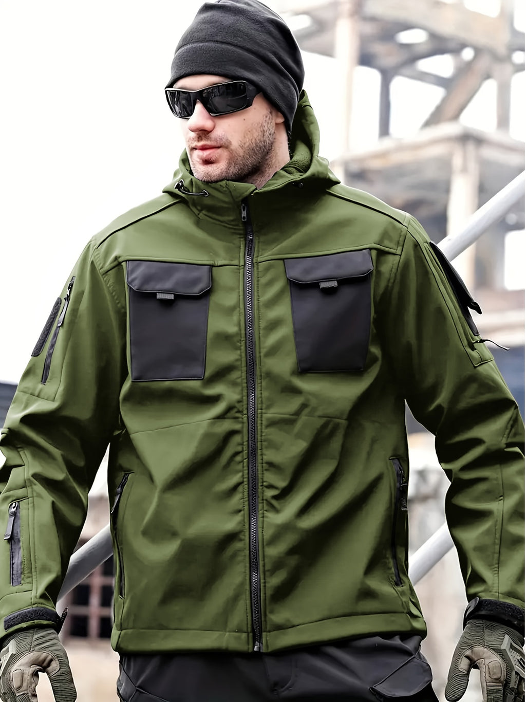 Men's Tactical Jacket Windproof Ripstop Hooded Shell Jacket with Multiple Utility Pockets for Camping Survival Hiking Outdoor Training Sizes S-XXXL Black Green Grey