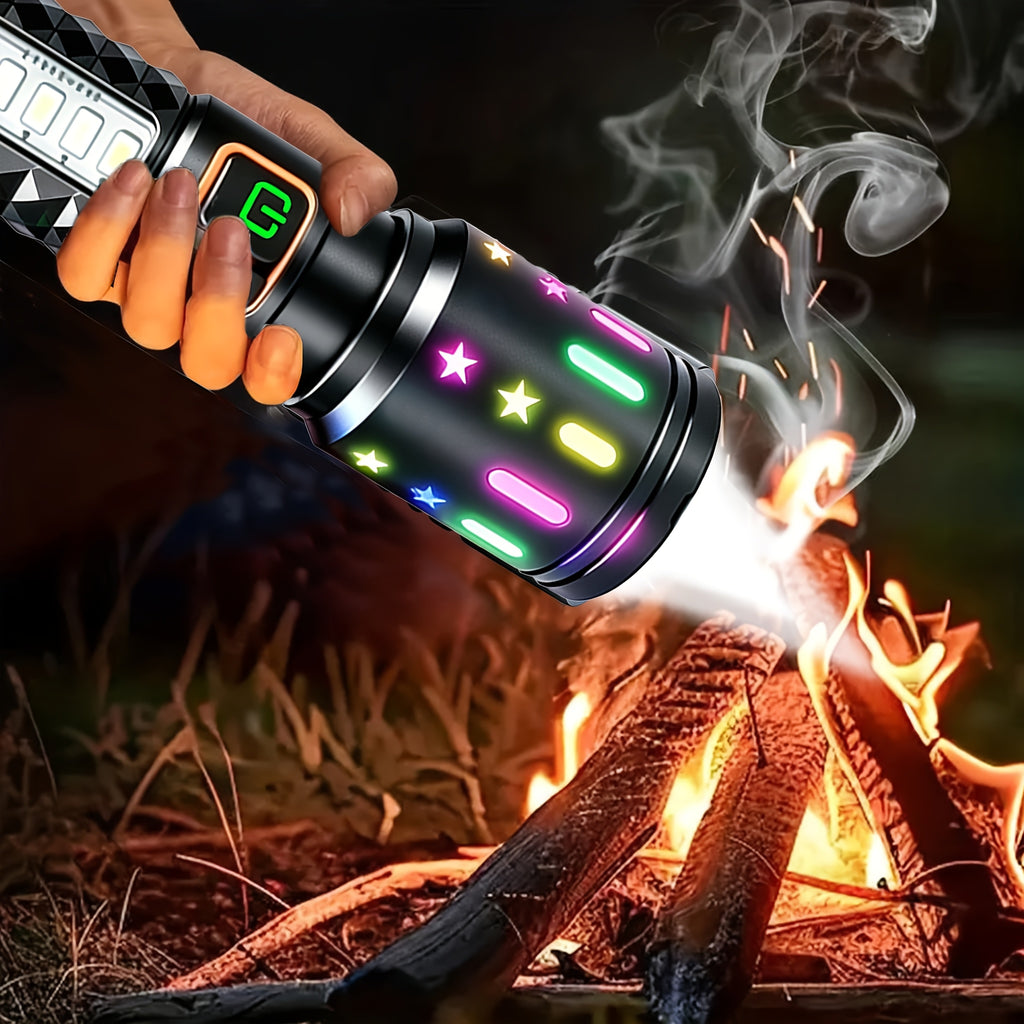 High-Lumen Fire Starting Flashlight Rechargeable LED Torch with COB Side Light 5 Modes Tactical Beam Fresnel Lens Survival Tool for Camping Hiking Fishing Emergency Outdoor Adventures