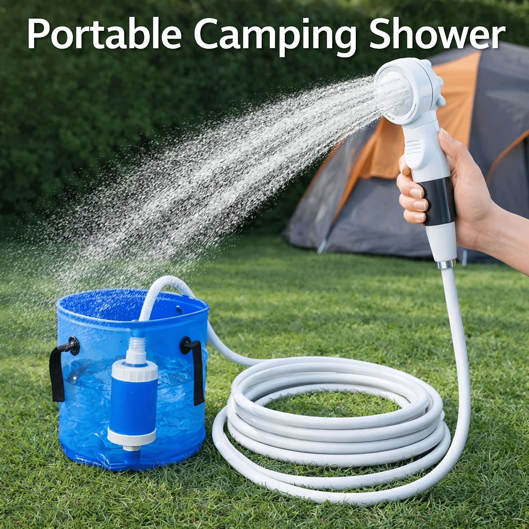 USB Powered Portable Camping Shower Pump with 6.5ft Hose, No Battery Submersible Water Pump for Camping Hiking Beach Pet Bathing Car Washing Garden Watering, Connects to Power Bank or Car Charger