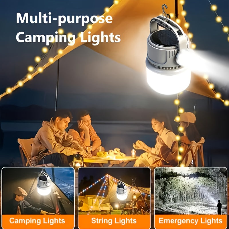 Solar Camping Lantern 6 Modes LED Rechargeable with USB Power Bank, Portable Outdoor Camp Light with Hook SOS Strobe Type-C Charge for Tent Hiking Mountaineering Emergency Preparedness